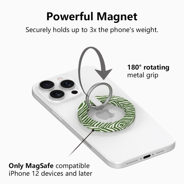 Jungle Queen pattern MagSafe phone grip ring with dark green and white animal stripes compatible with iPhone and Samsung