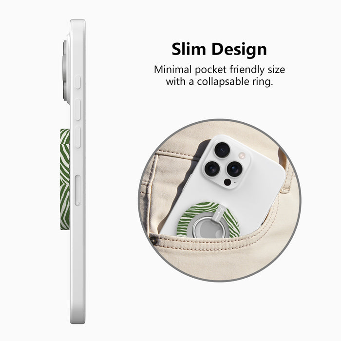 Jungle Queen pattern MagSafe phone grip ring with dark green and white animal stripes compatible with iPhone and Samsung