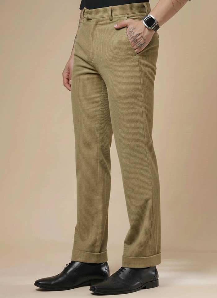 Khakhi Corduroy Men Pleated Formal Pants | Boot Cut Fit by ITALIAN VEGA®