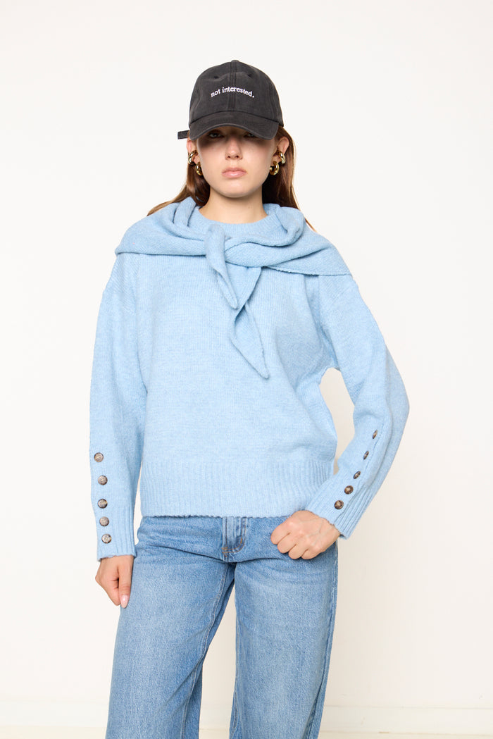 Knit sweater with attached scarf collar and button cuffs wholesale