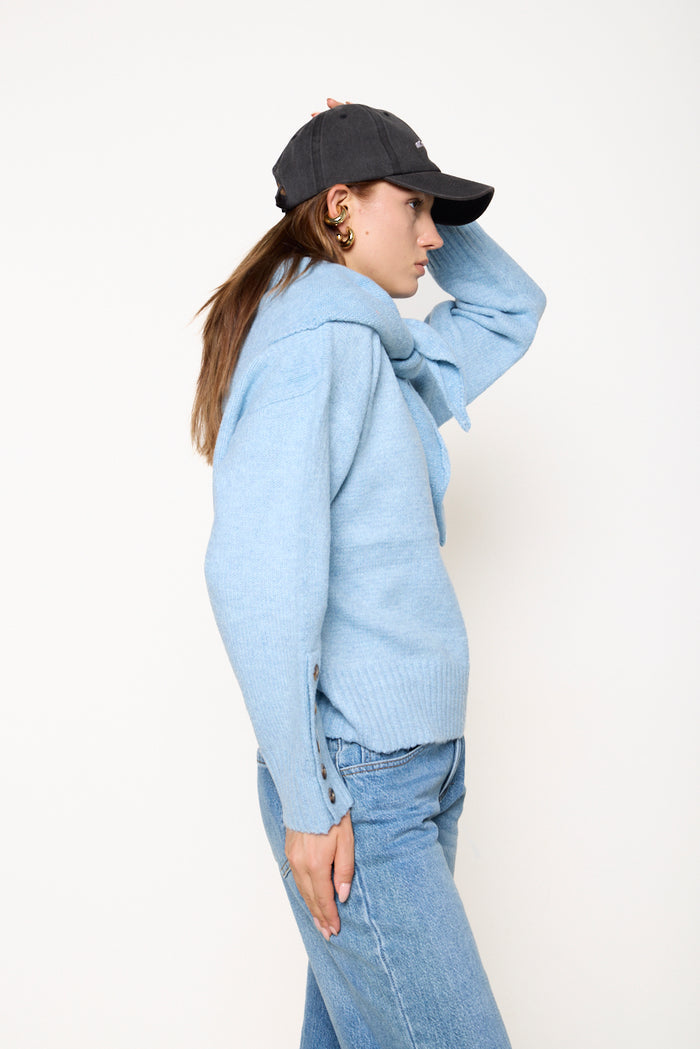 Knit sweater with attached scarf collar and button cuffs wholesale