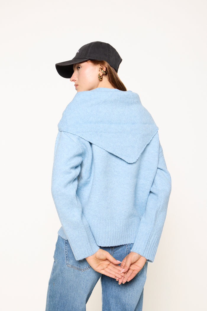 Knit sweater with attached scarf collar and button cuffs wholesale