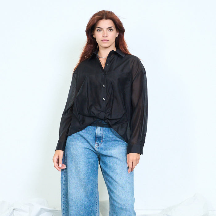 Lace-panel draped button-front shirt wholesale