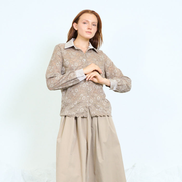 Lace shirt with contrast collar and scalloped hem wholesale