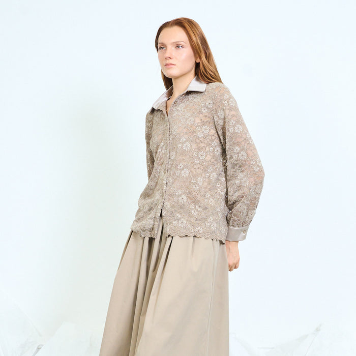 Lace shirt with contrast collar and scalloped hem wholesale