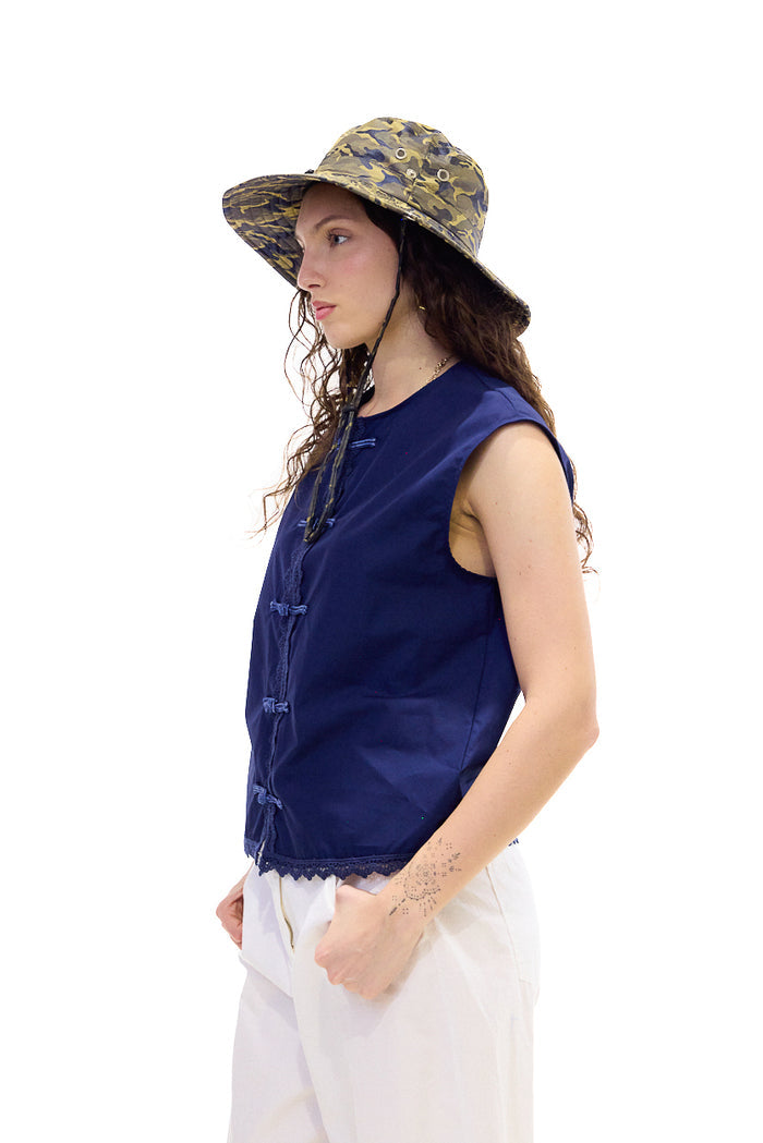 Lace trim frog button sleeveless blouse wholesale