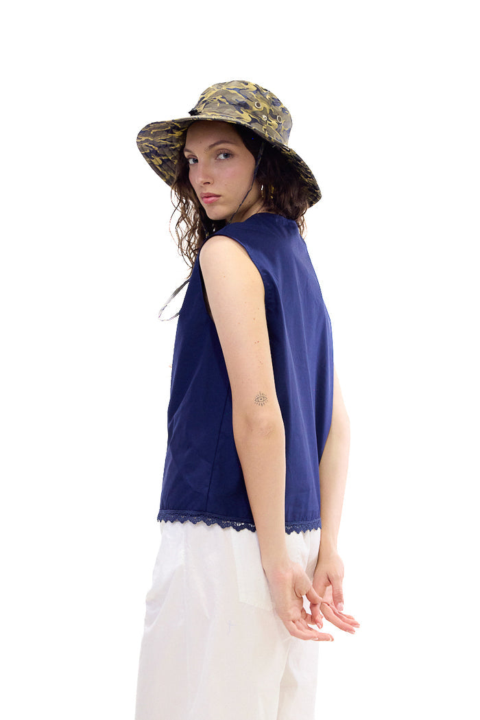 Lace trim frog button sleeveless blouse wholesale