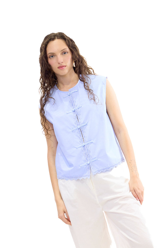 Lace trim frog button sleeveless blouse wholesale