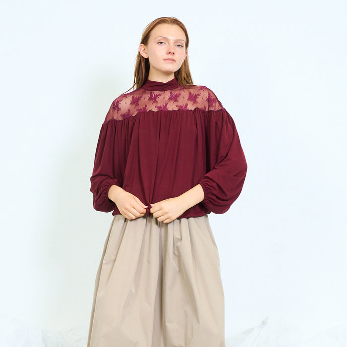 Lace yoke blouse with gathered body and satin collar wholesale