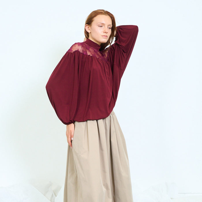 Lace yoke blouse with gathered body and satin collar wholesale