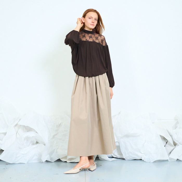 Lace yoke blouse with gathered body and satin collar wholesale