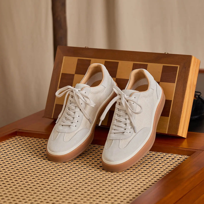 Leather & Linen Low-Top Lace-Up Sneakers BRABION