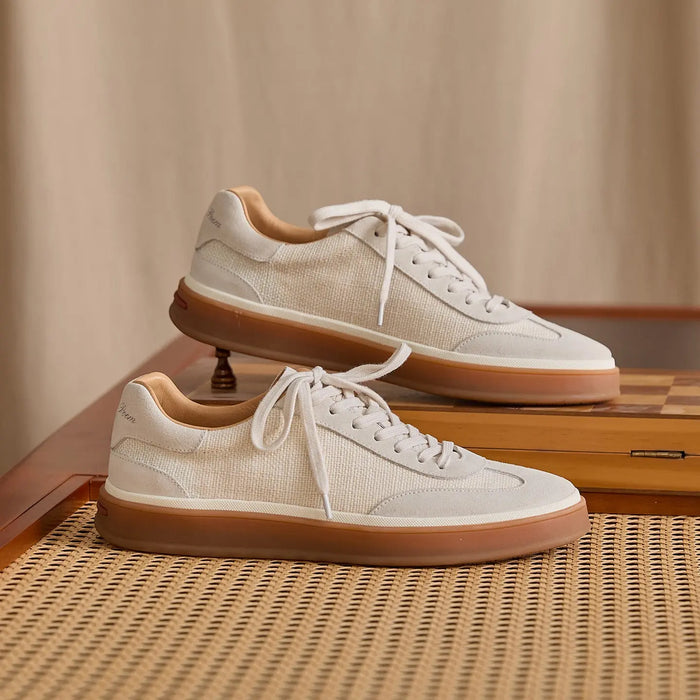Leather & Linen Low-Top Lace-Up Sneakers BRABION