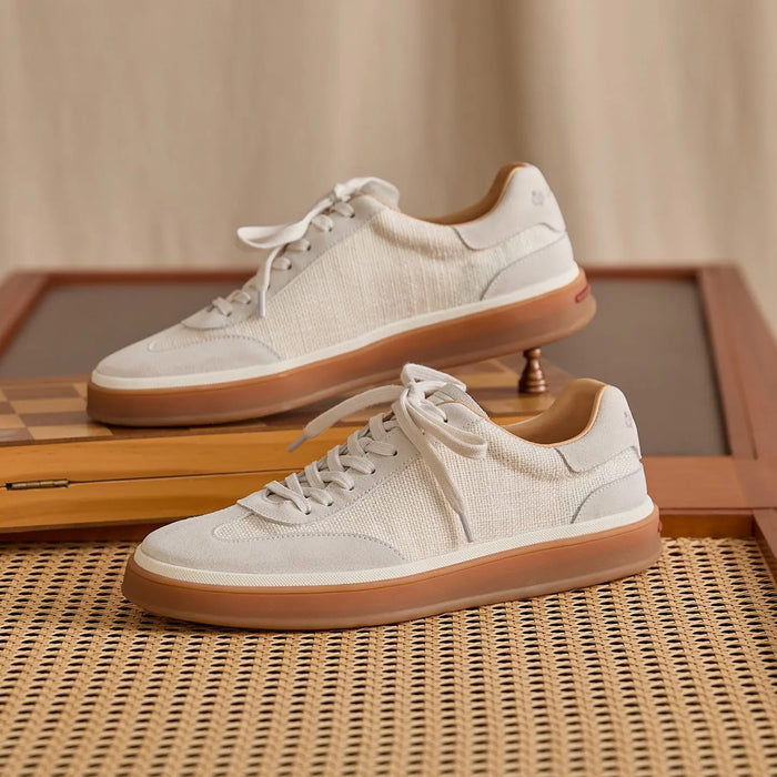 Leather & Linen Low-Top Lace-Up Sneakers BRABION