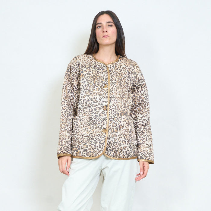 Leopard printed quilted jacket with metallic trim wholesale