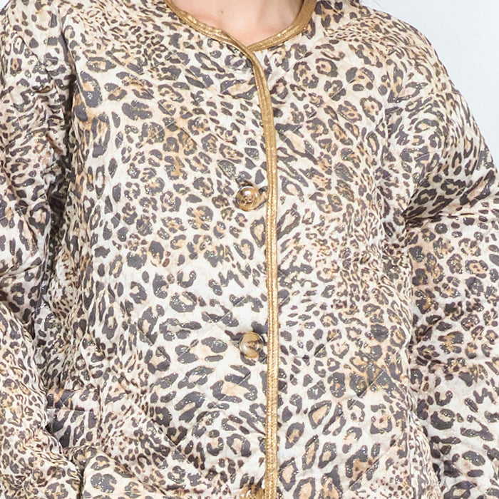 Leopard printed quilted jacket with metallic trim wholesale