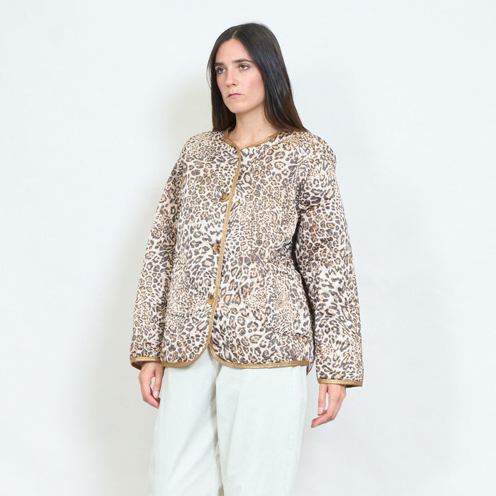 Leopard printed quilted jacket with metallic trim wholesale