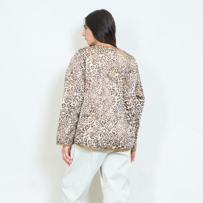 Leopard printed quilted jacket with metallic trim wholesale