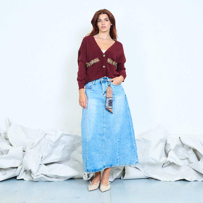 Leopard-trim pocket cardigan with button front wholesale