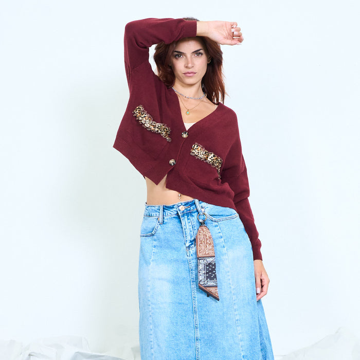 Leopard-trim pocket cardigan with button front wholesale