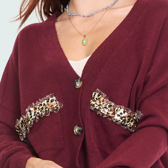 Leopard-trim pocket cardigan with button front wholesale