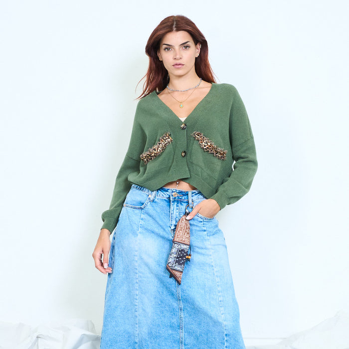 Leopard-trim pocket cardigan with button front wholesale
