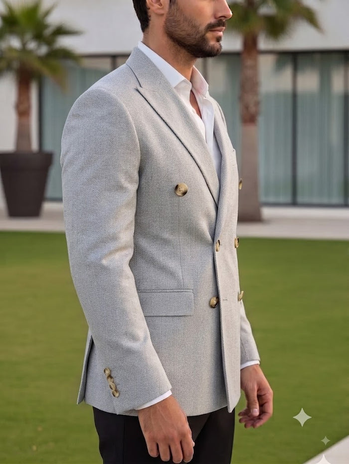 Light Grey Herringbone Double Breasted Blazer by Italian Vega®