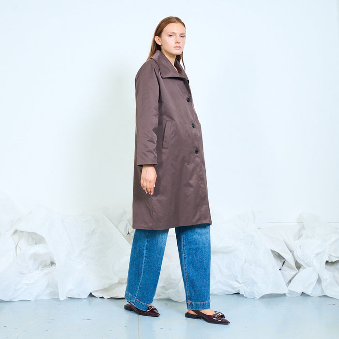 Long button-front trench coat with welt pockets wholesale