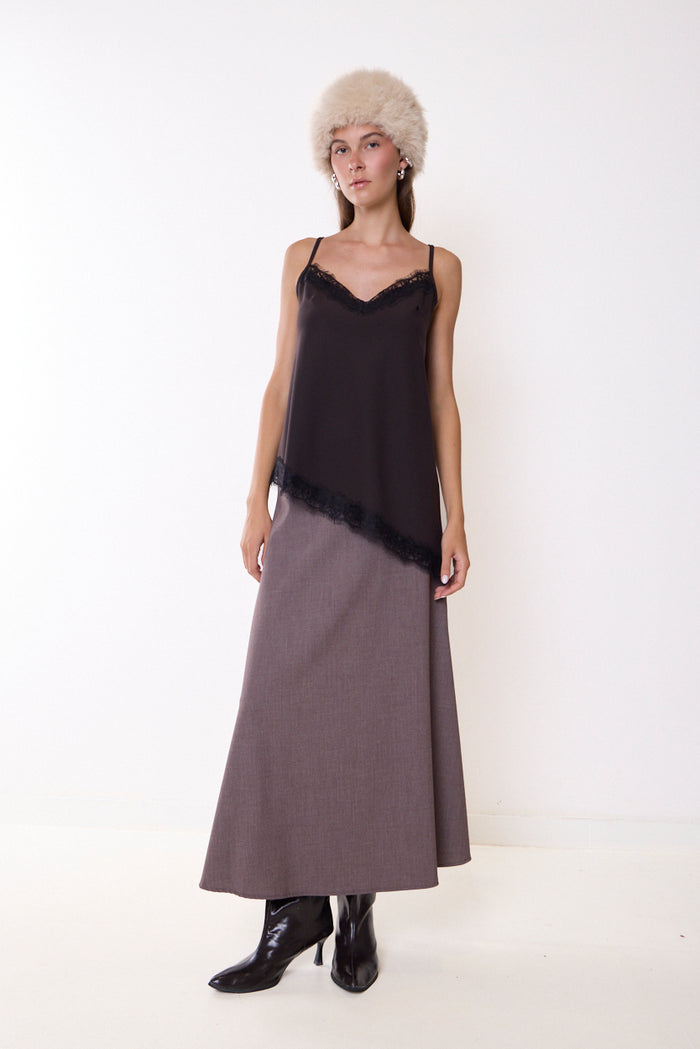 Long flowing skirt with curved waistband and scalloped hem wholesale