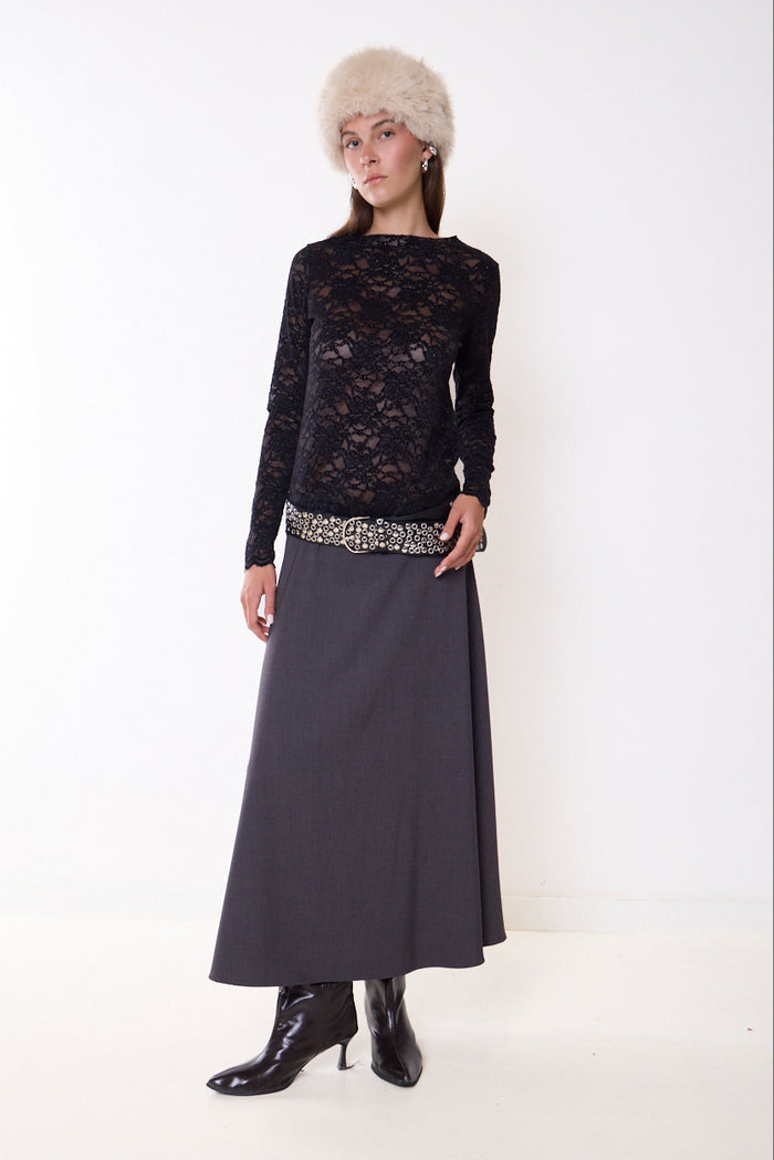 Long flowing skirt with curved waistband and scalloped hem wholesale