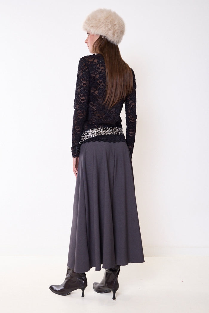 Long flowing skirt with curved waistband and scalloped hem wholesale