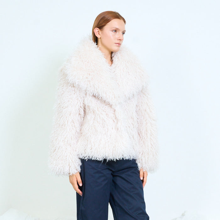 Long-pile textured knit coat with round neckline wholesale