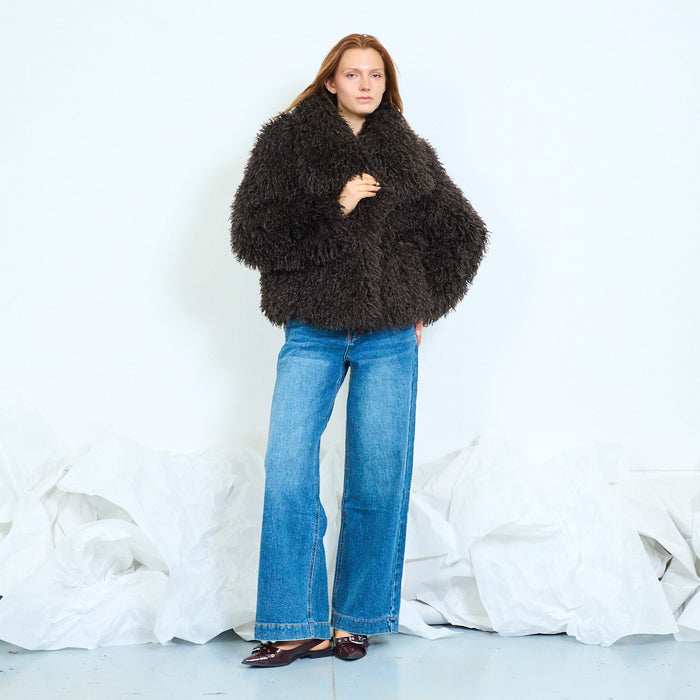 Long-pile textured knit coat with round neckline wholesale