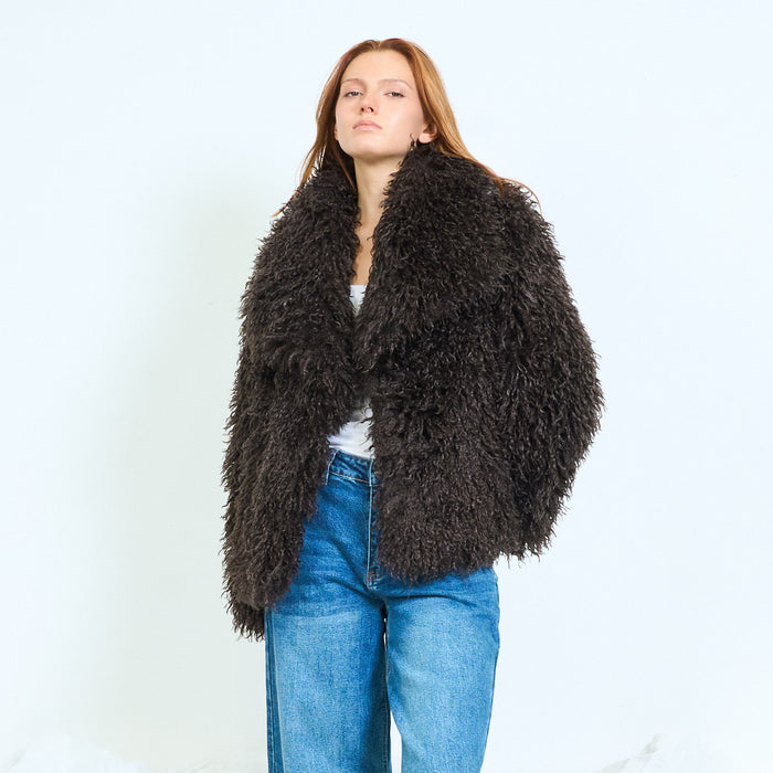Long-pile textured knit coat with round neckline wholesale