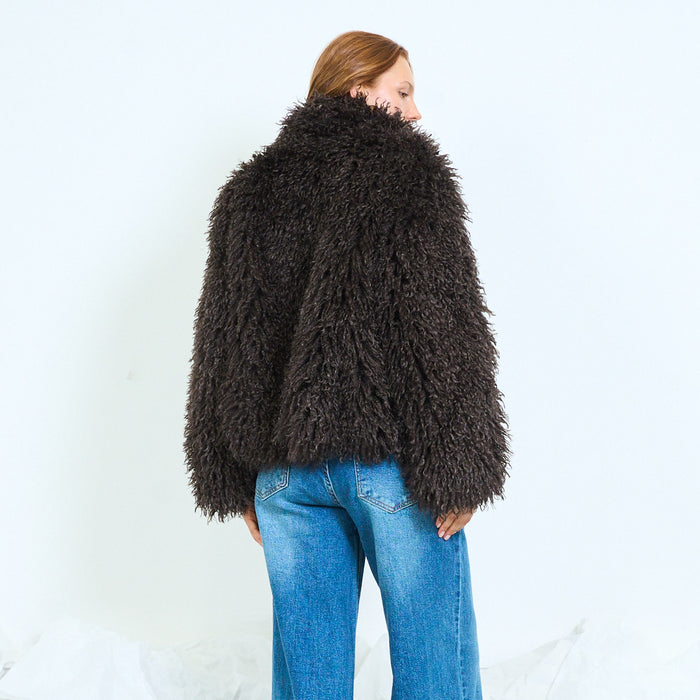 Long-pile textured knit coat with round neckline wholesale