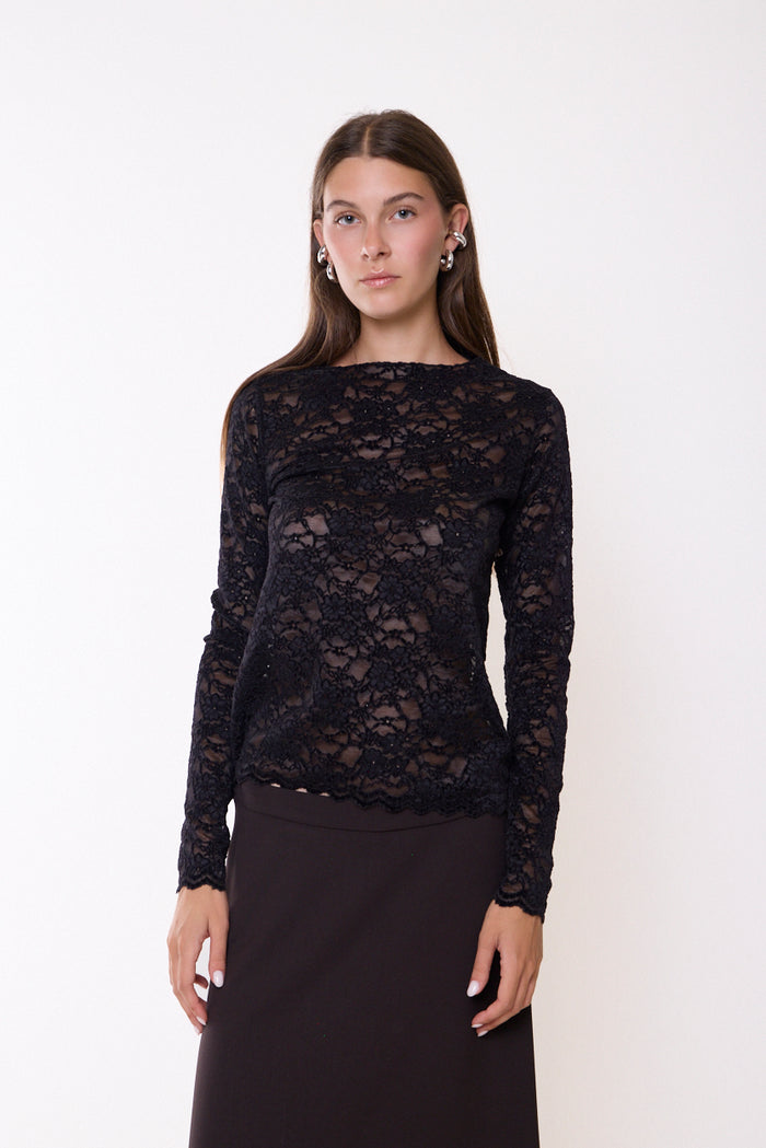 Long-sleeve lace top with scalloped edges wholesale