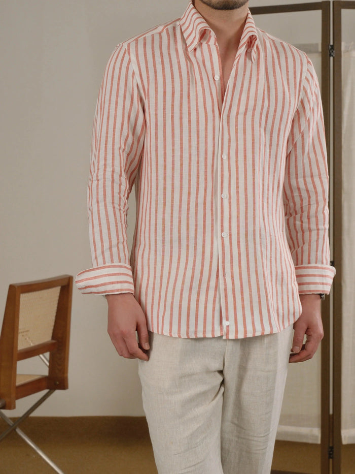 Long Sleeve Linen Shirt Men - Neapolitan-Style Striped Breathable Shirt