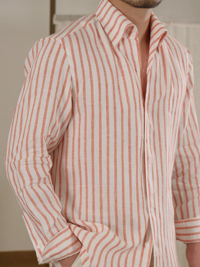 Long Sleeve Linen Shirt Men - Neapolitan-Style Striped Breathable Shirt