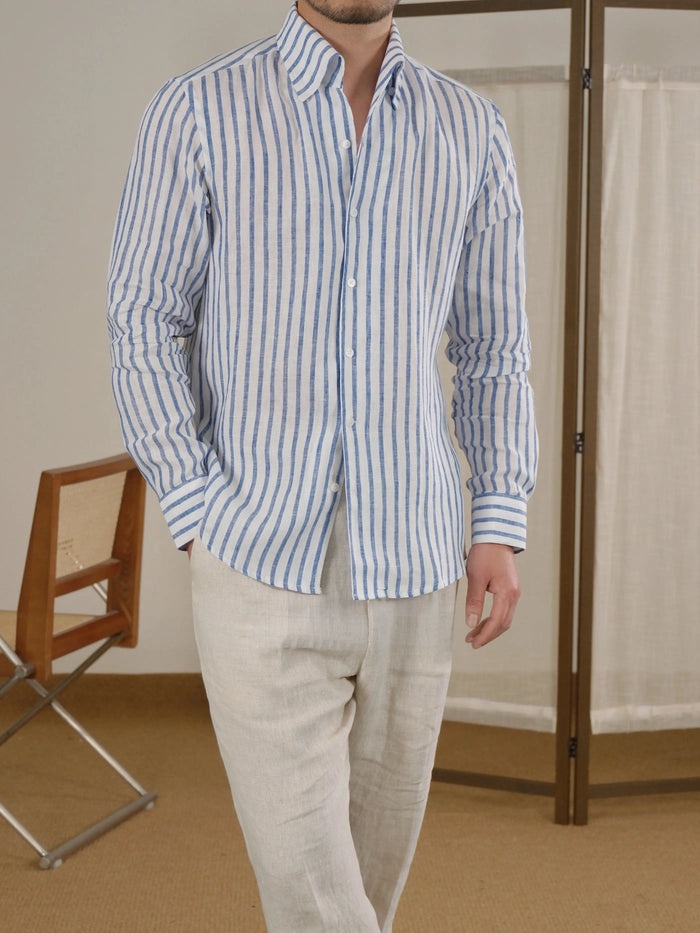 Long Sleeve Linen Shirt Men - Neapolitan-Style Striped Breathable Shirt