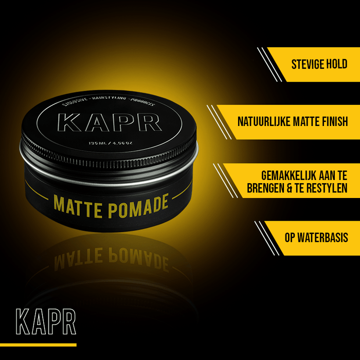 KAPR Matte Pomade – close-up met producteigenschappen op gouden achtergrond.