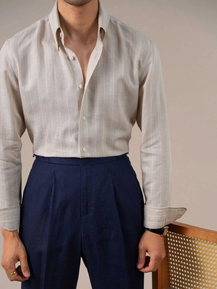 Men’s Breathable Linen Blend Striped Dress Shirt — Italian Point Collar BRABION