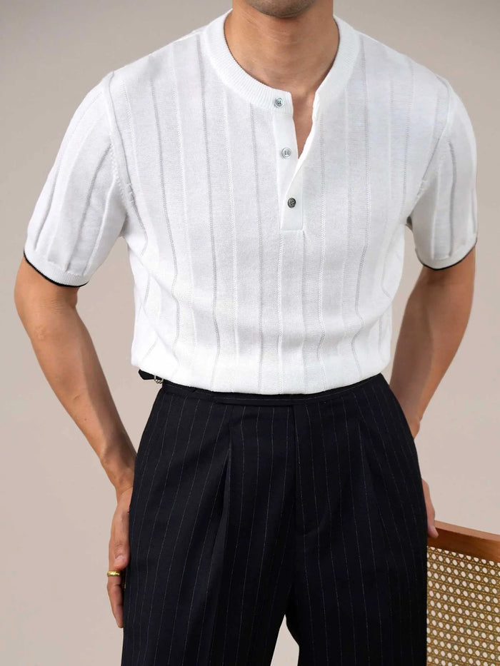 Men's Cotton&Linen Knit Ribbed Henley Polo Shirt BRABION