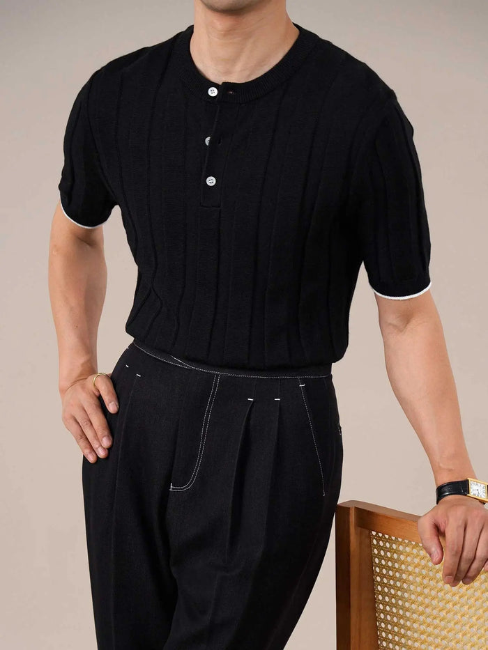 Men's Cotton&Linen Knit Ribbed Henley Polo Shirt BRABION