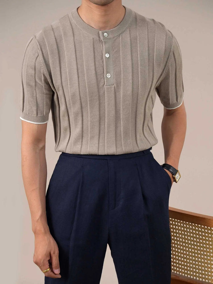Men's Cotton&Linen Knit Ribbed Henley Polo Shirt BRABION
