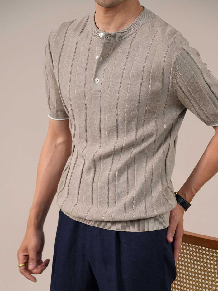 Men's Cotton&Linen Knit Ribbed Henley Polo Shirt BRABION