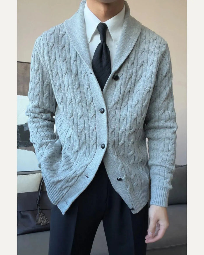 Men’s Cotton Shawl Collar Cable Knit Cardigan - BRABION