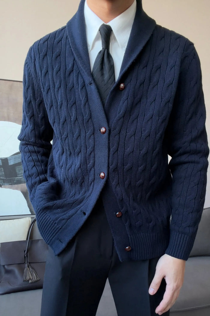 Men’s Cotton Shawl Collar Cable Knit Cardigan - BRABION