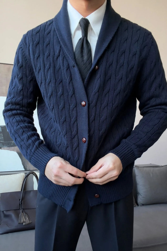 Men’s Cotton Shawl Collar Cable Knit Cardigan - BRABION