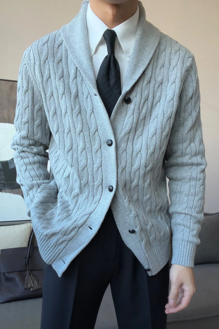 Men’s Cotton Shawl Collar Cable Knit Cardigan - BRABION