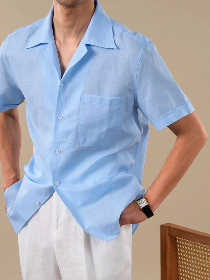 Linen Cotton Blend Cuban Collar Short Sleeve Shirt for Men BRABION